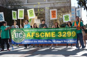 Service workers on the Hill picketed in Covel Commons Thursday to protest UC pension changes.