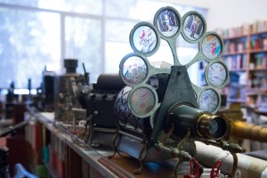 Rows of antique optical viewing devices fill Huhtamo’s office in Broad Art Center.