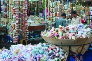 Scenes from Laad Bazaar. Laad, which means “lacquer,” is used to make colorful bangles which this bazaar is extremely famous for. The bazaar is also famous for selling typical street trinkets and Hyderabadi saris. 