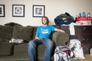 Christensen sits in the living room of his current apartment in Santa Monica.