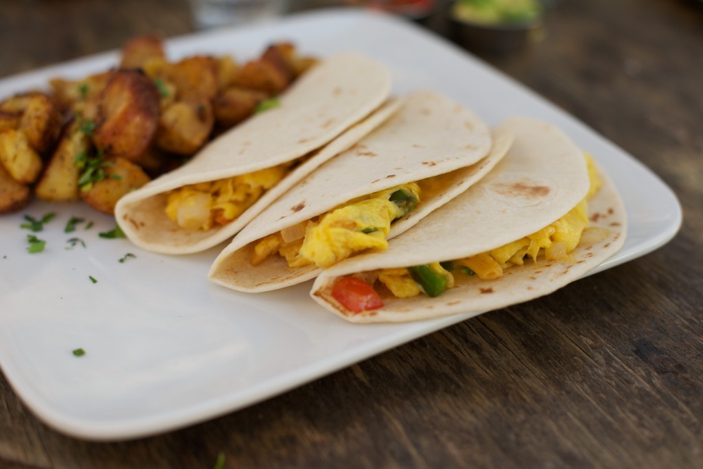 The restaurant’s migas tacos are spicy and flavorful.