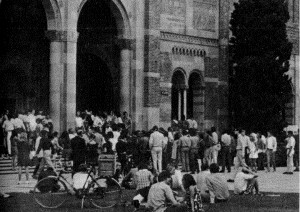 Hundreds of students waited outside Royce Hall before UCLA Professor Angela Davis gave her first lecture for Philosophy 99 in October 1969. Davis discussed her dismissal from UCLA and received a standing ovation.