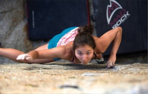 Second-year biomedical engineering student Jackie Nguyen climbs with no protection except crash pads on the ground below.