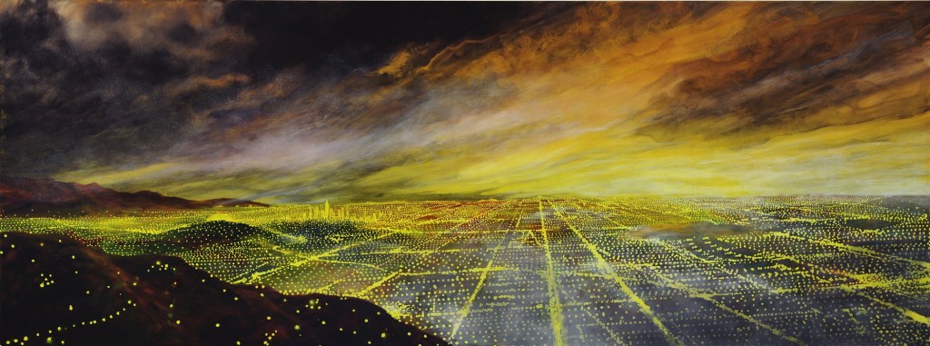 Peter Alexander’s painting “PA and PE” is located at the entrance of the “Overdrive: L.A. Constructs the Future, 1940-1990 ” exhibition. The image depicts Los Angeles’ sprawling streets and skyline at sunset.