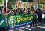 A union representing University of California patient care technical workers protested outside of Covel Commons.