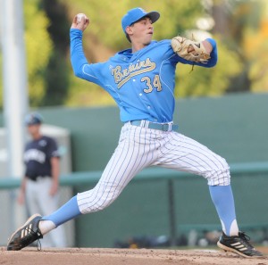 Freshman Cody Poteet absorbed the loss in his start against Cal State Fullerton earlier this season. UCLA lost 9-6 at Jackie Robinson Stadium.  The Bruins hope to settle the score against the Titans at 6 p.m. at Cal State Fullerton’s Goodwin Field.