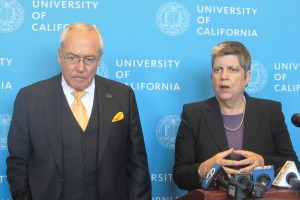 Napolitano and UC Board of Regents Chairman Bruce Varner answer questions during a press conference at the UC San Fransisco Mission Bay campus where the regents meeting was held from Tuesday to Thursday.