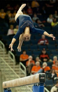 Freshman Mattie Larson competes on beam at the NCAA Championships for the first time in her collegiate career.