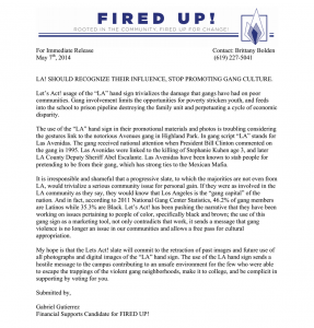 The statement by FIRED UP! financial supports commissioner candidate Gabriel Gutierrez. (Click to enlarge.)