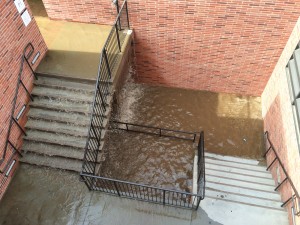 Water floods the stairwells of Parking Structure 4 at UCLA. (Courtesy of Rupen Dajee)