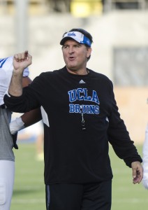 After moving Najee Toran to the defensive line this spring practice, defensive line coach Angus McClure (pictured) has given Toran all the opportunities to learn the new position, getting almost half the reps in Wednesday's practice.(Daniel Alcazar/Daily Bruin)