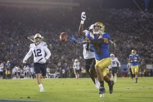 Freshman quarterback Josh Rosen overthrows senior wide receiver Jordan Payton (pictured) on a streak route in the third quarter of the BYU game. (Daniel Alcazar/Daily Bruin senior staff)