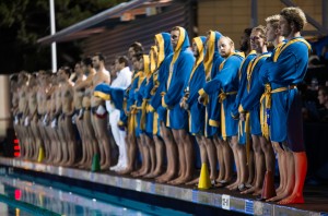 The UCLA and USC players stood single file as they awaited the roster announcements. (Aubrey Yeo/Daily Bruin senior staff)