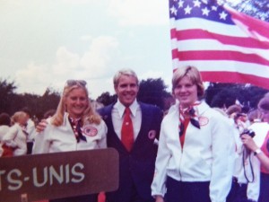 Karen Moe (left) poses with fellow USA swimming team captains Gary Hall and Marcia Morey at the 1976 Montreal Olympics. Moe was a two-time Olympian, first in 1972. (Courtesy of Karen Moe)