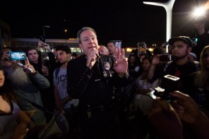 Los Angeles Police Chief Michael Moore negotiated with protesters for half an hour to move them off the road at Los Angeles International Airport. (Jintak Han/Assistant Photo editor)