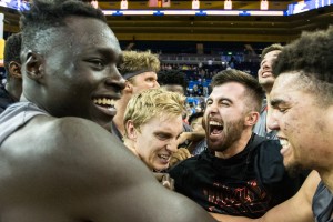 Utah’s celebration spilled into UCLA's bench. The Utes scored 61 points in the second half to stun the Bruins. (Jintak Han/Daily Bruin senior staff)